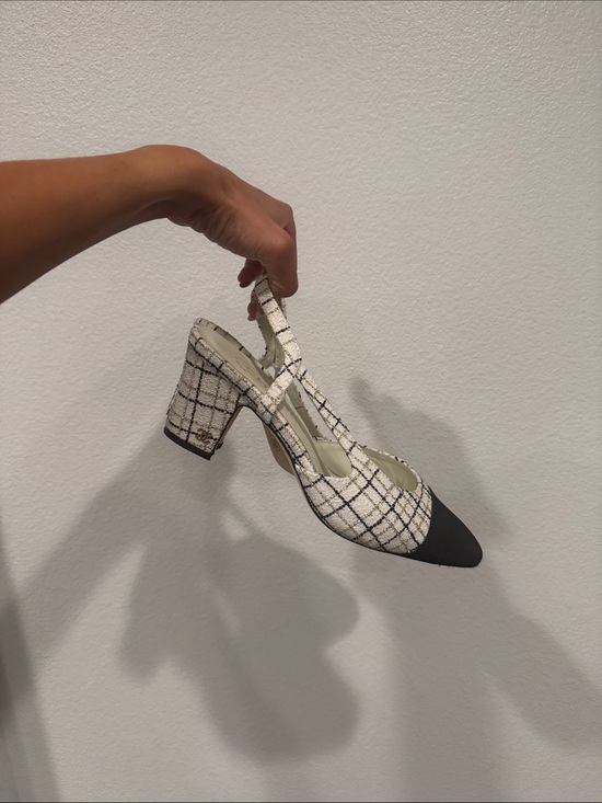 CHANEL Shoes - CHANEL Black White Tweed Pointed Slingback Flats